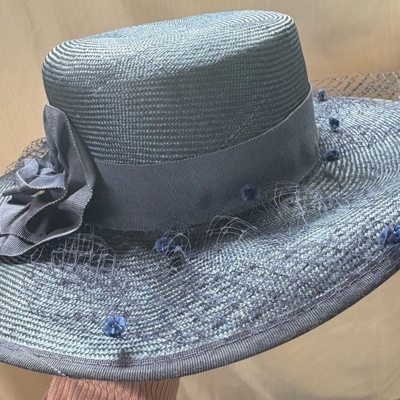 Vintage Summer‎ Navy Blue Woven Fishnet Veil Boater Hat - Picture 7 of 8